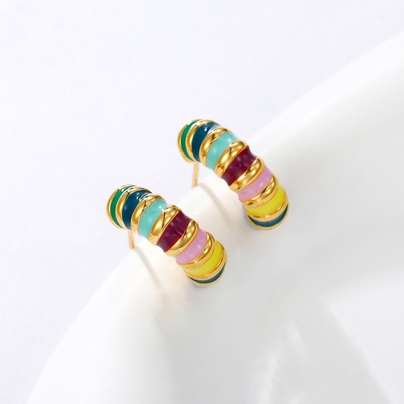 Enamel Earrings 925 Sterling Silver Croissant Earrings 14k Gold Plated - Picture 3 of 8